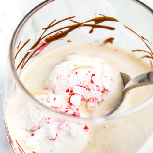 Overhead close up view of a spoon digging into a small glass of vegan affogato with chocolate sauce and peppermint