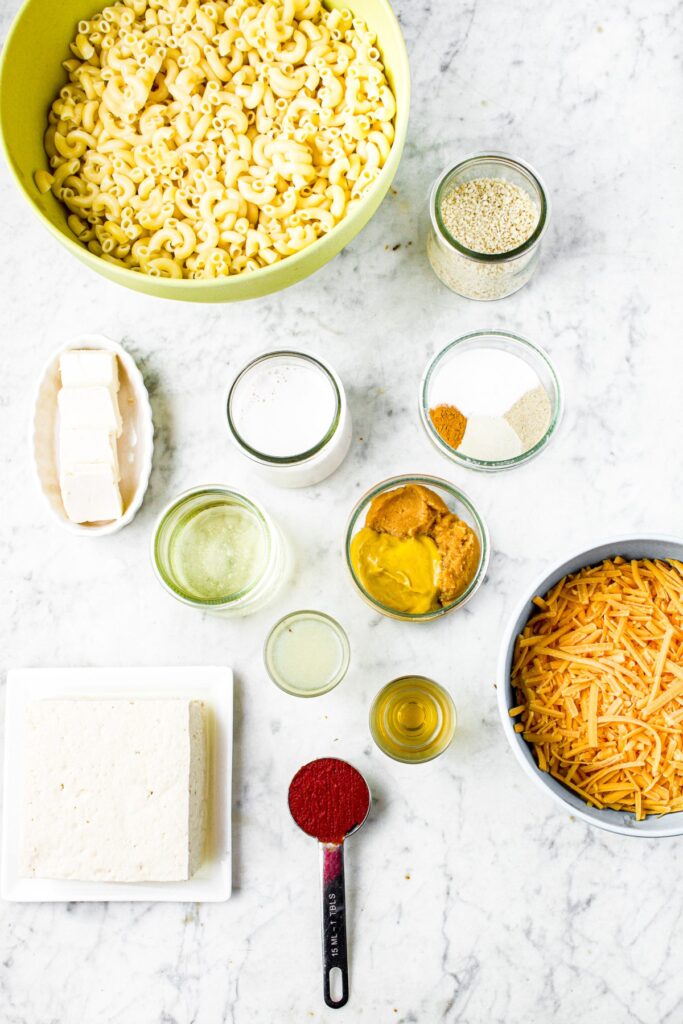Overhead shot of the ingredients you need to make vegan copycat stouffer's mac and cheese