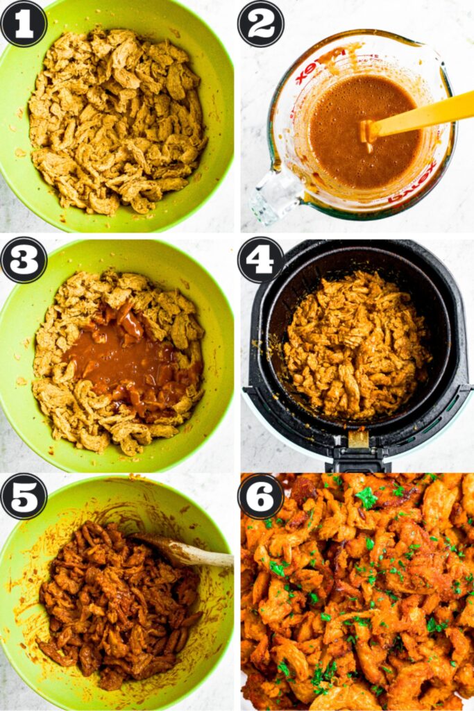 A grid with 6 photos showing the process of marinating and air frying bbq soy curls