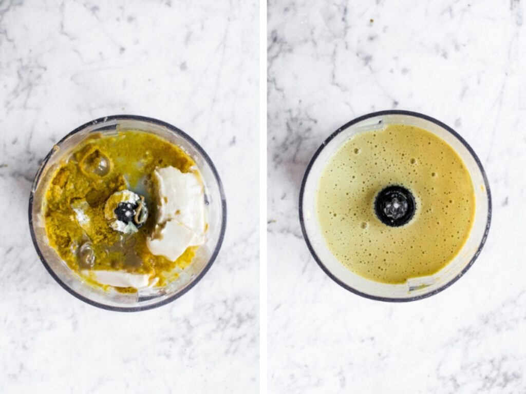 Two photos side by side - an overhead shot of a small food processor before and after blending the ingredients you need to make tofu alfredo sauce.