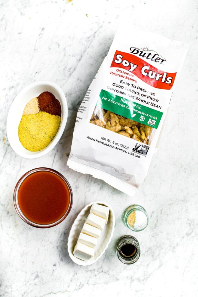 Overhead shot of the ingredients you need to make air fryer buffalo soy curls