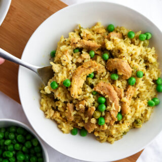 This easy slow cooker vegan chicken and rice is classic comfort food made vegan! Great for a busy weeknight or meal prep session, it's also healthy, gluten-free, and can easily be made oil-free. #vegan #crockpot #slowcooker #rice #soycurls // plantpowercouple.com