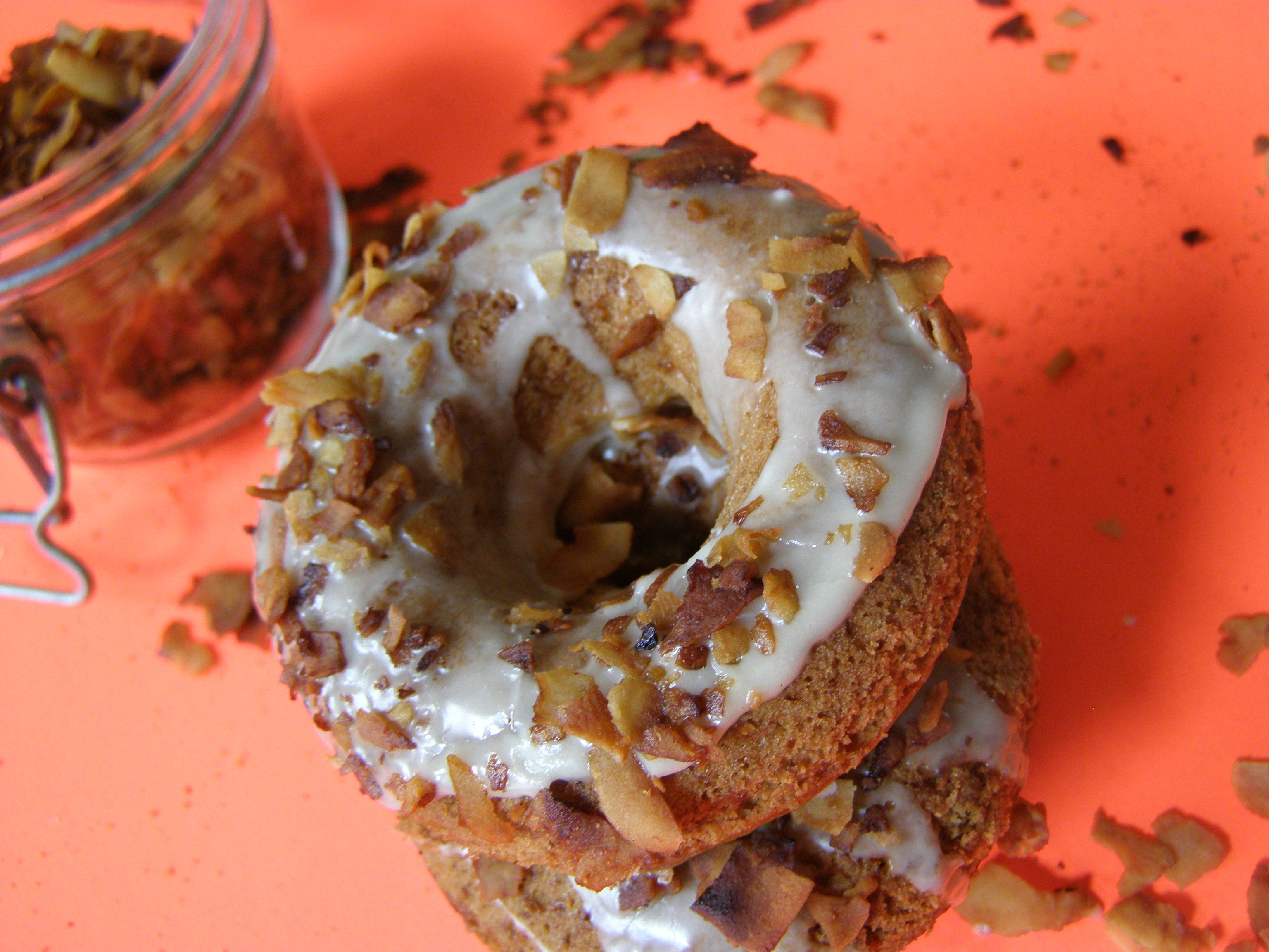 Pancake Doughnuts with Maple Frosting and Coconut Bacon