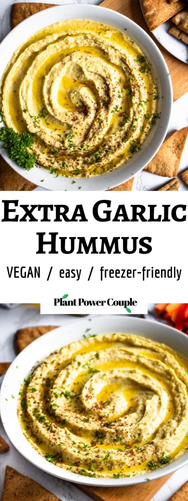 This Extra Garlic Hummus (emphasis on the “EXTRA”) is the perfect snack or appetizer for all our fellow garlic lovers out there! It’s an easy-to-make 10-ingredient dip with a dynamite flavor and silky smooth texture that will not disappoint. #vegan #vegansnack #veganappetizer #plantbased #hummus #hummusrecipe #garlic #garlicrecipe