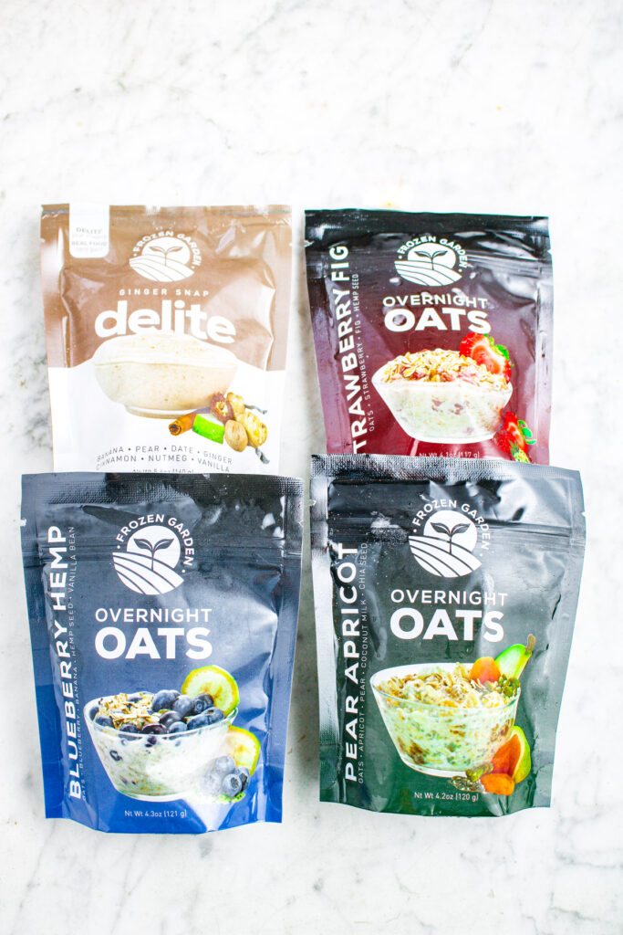 Overhead photo of 3 overnight oats packets and 1 delites packet from Frozen Garden
