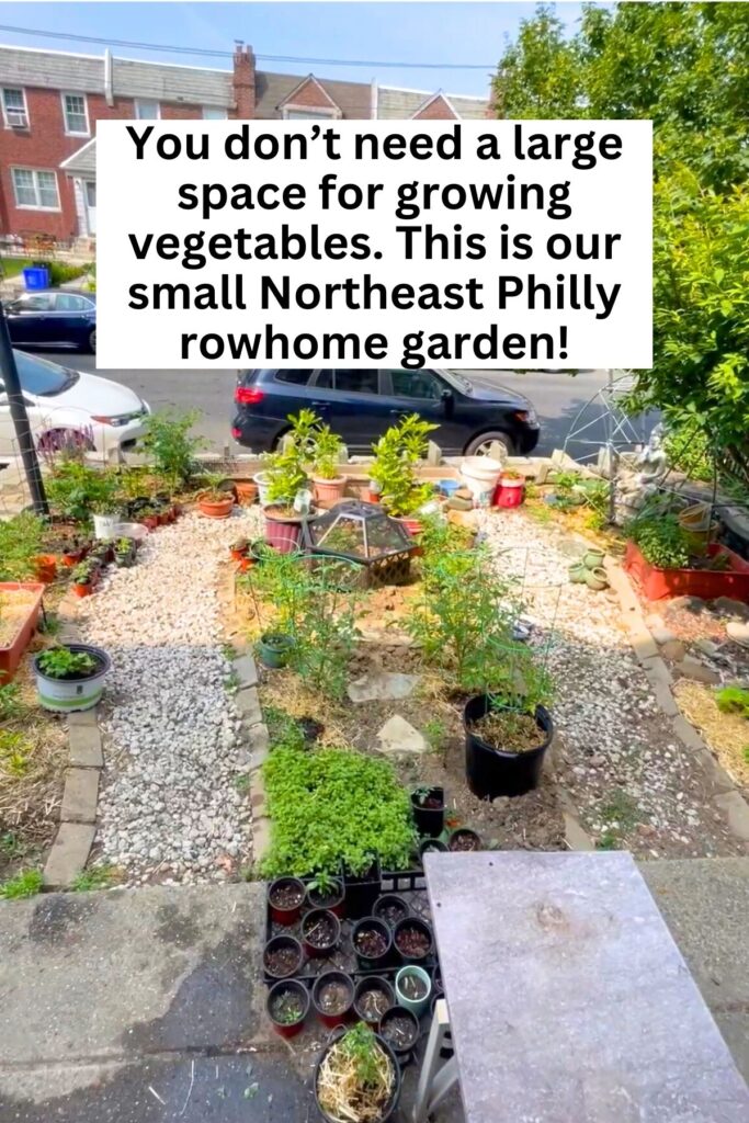 An overhead view of a small city vegetable garden with a stone walkway through the center with text reading you don't need a large space for growing vegetables, this is our small northeast philly rowhome garden