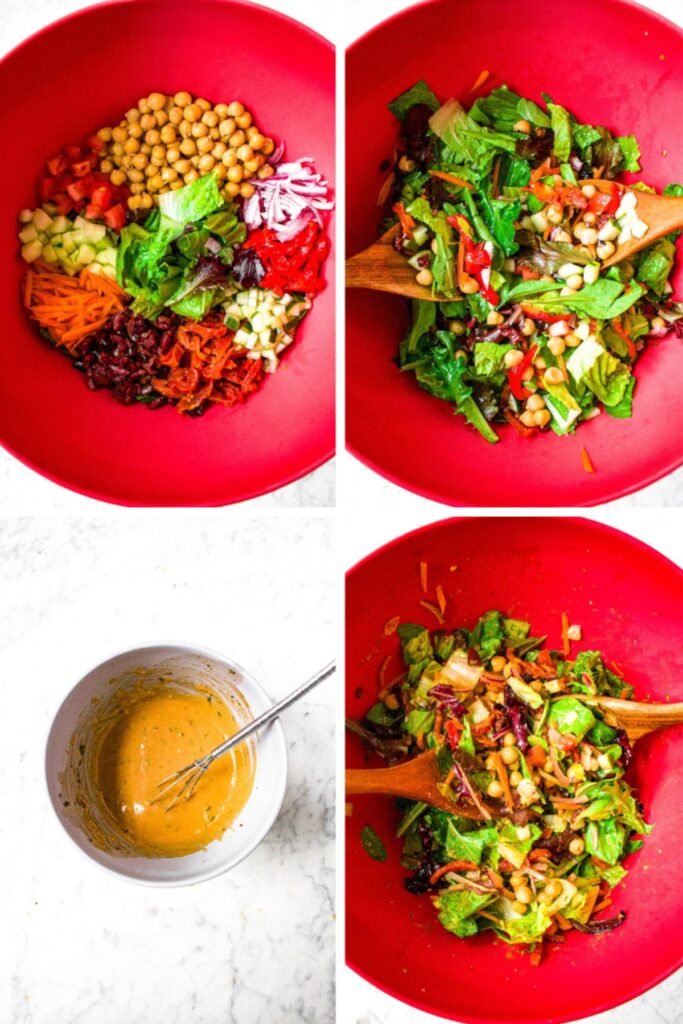 Four photos showing the process of making the filling for a mediterranean inspired hummus wrap: add filling ingredients to a bowl, toss them to combine, mix the dressing, toss to coat everything.