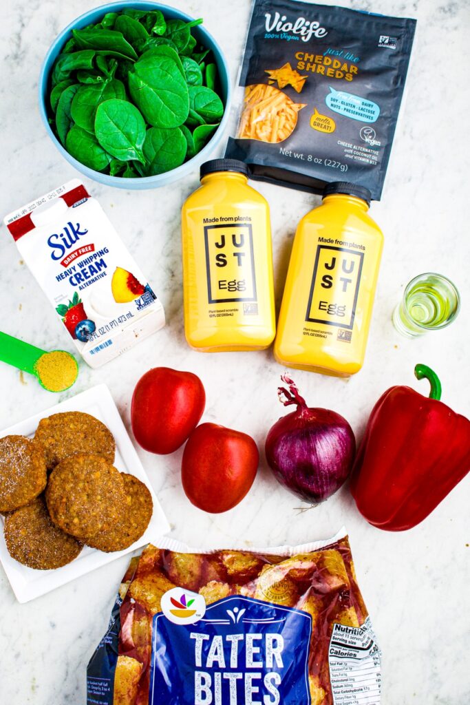 Overhead photo of all the ingredients you need to make vegan sausage and veggie breakfast casserole