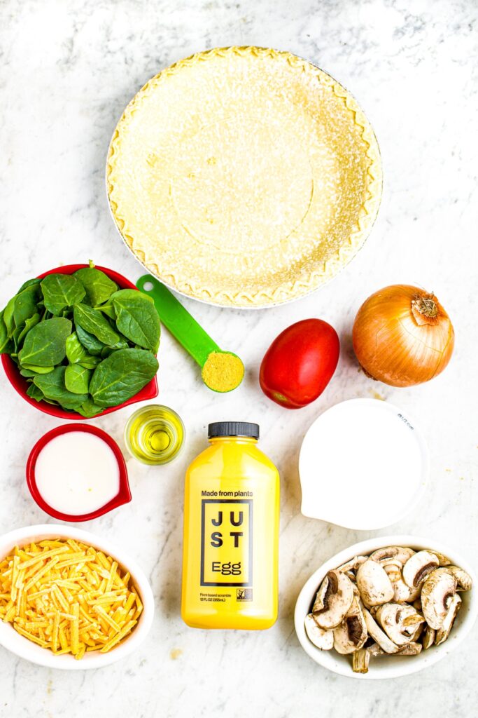 Overhead photo of all the ingredients you need to make eggless quiche