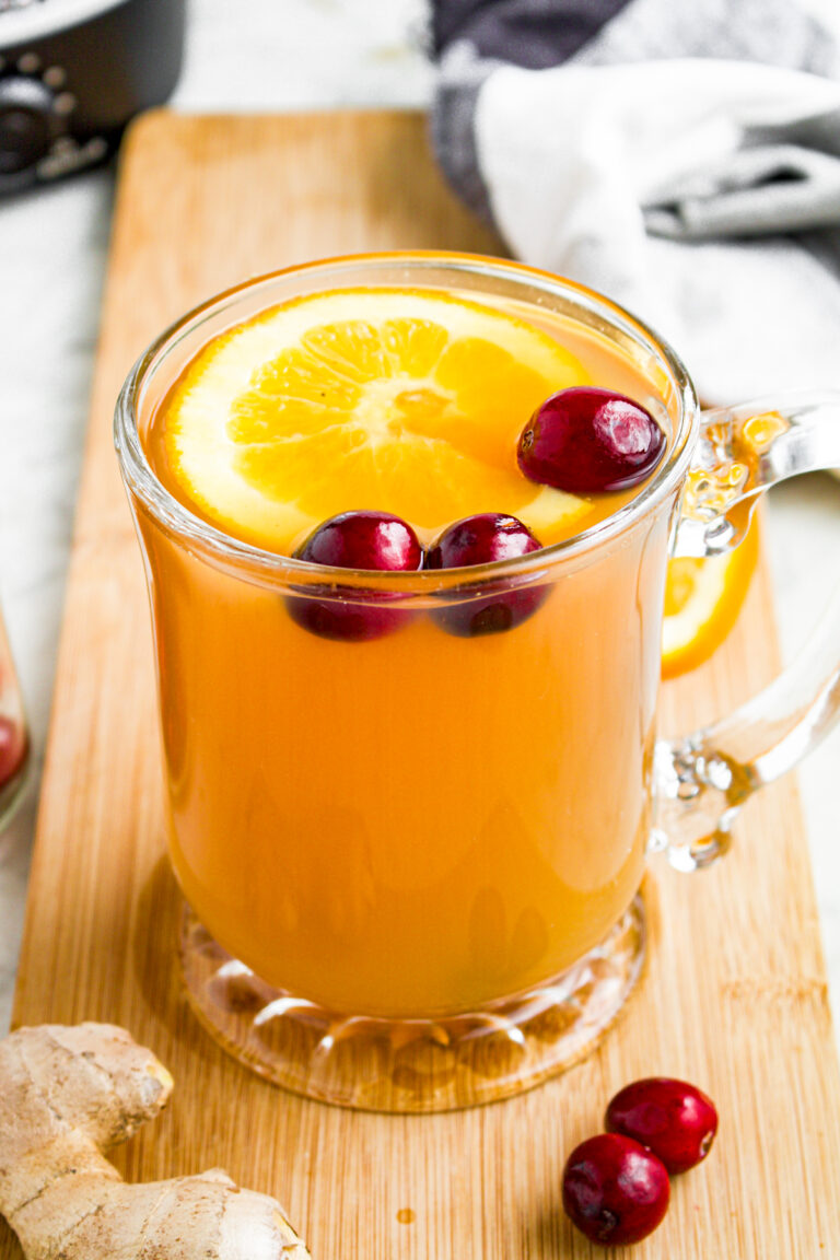 Close up overhead view of a clear glass mug of spiced cider with cranberries, an orange slice, and a cinnamon stick floating on top