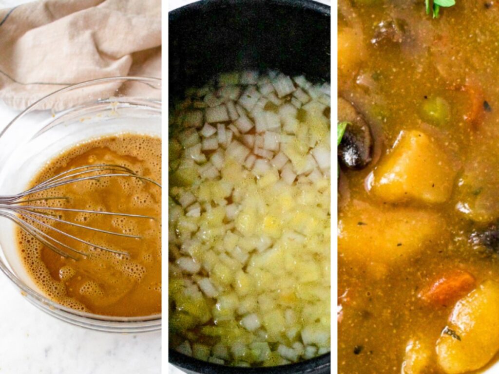 Three side by side photos showing the process of making a vegetarian mushroom stew: whisk together water with spices, gravy master, and flour. The second is boiling the vegetables. The third is a photo of the veggies after mixing them with the gravy mix.