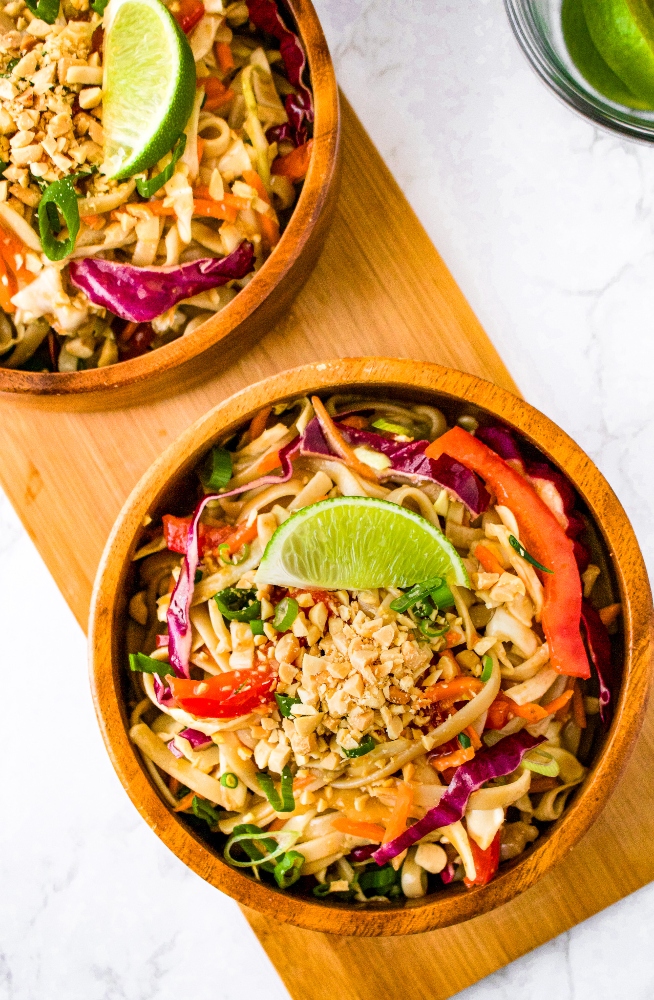 This simple vegan cold noodle salad with peanut sauce is an easy vegetarian and dairy-free lunch recipe that can be made ahead and only takes about 15 minutes to make. Peanut Lime Noodle Salad is the perfect recipe for a stunning but simple outdoor lunch - especially at the end of summer when it’s so hot you just want something light, refreshing, easy, and healthy! This chilled noodle dish is completely plant-based and also easy to make oil-free and gluten-free.