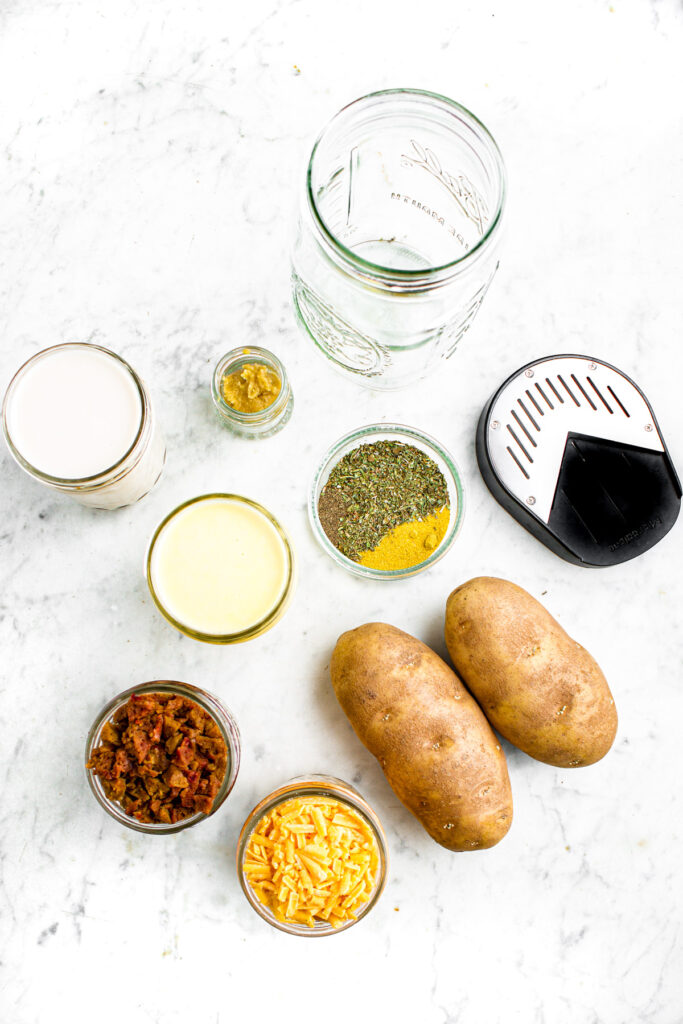 Overhead photo of all the ingredients you need to make vegan breakfast potato casserole