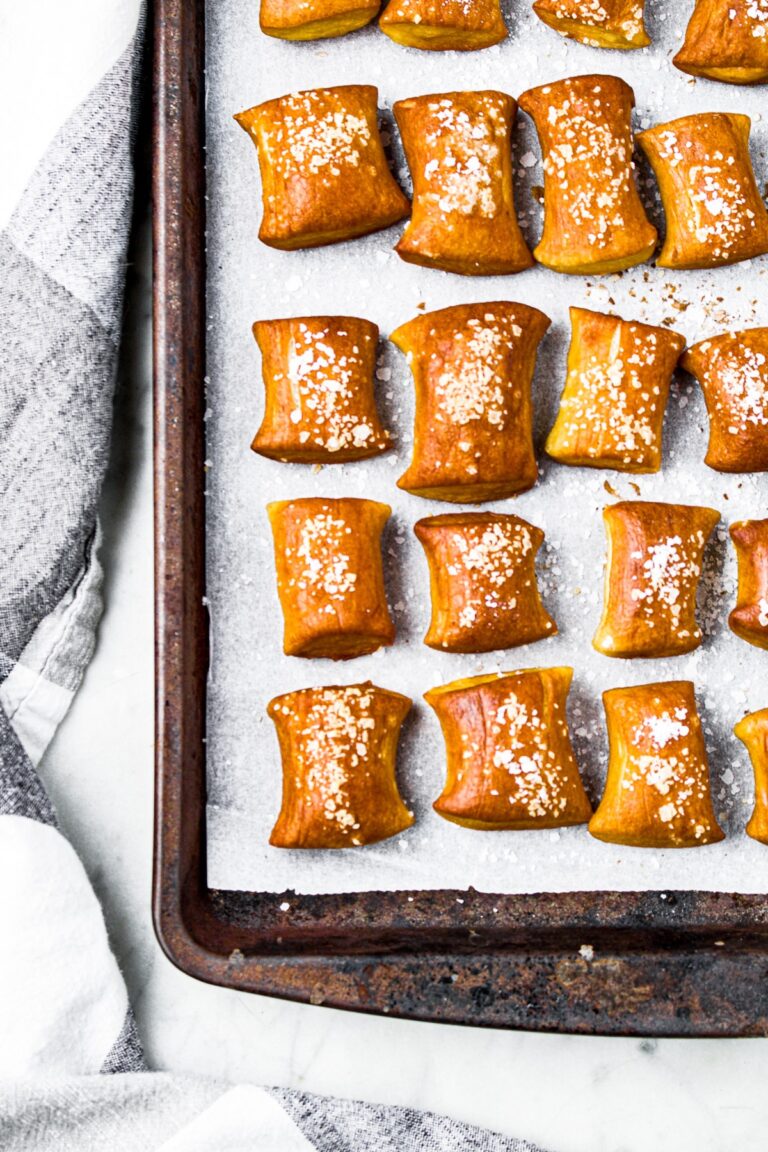Overhead shot of pretzel bites arranged on a baking tray