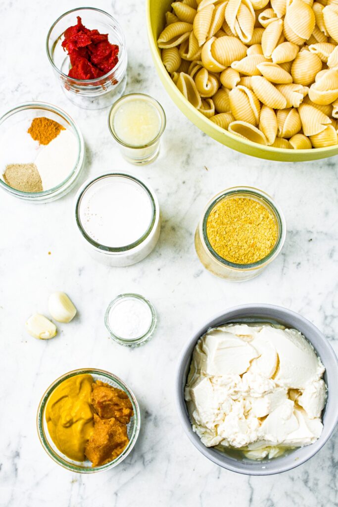 Overhead shot of all the ingredients you need to make vegan silken tofu mac and cheese