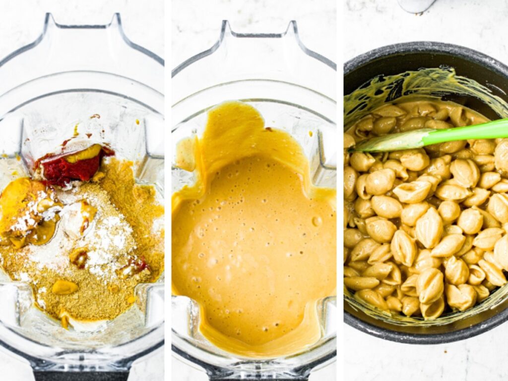 A grid with three photos showing the process of blending the silken tofu cheese sauce and mixing it with the shell pasta