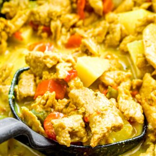 Zoomed in photo of a ladle scooping creamy soy curl curry out of a crockpot