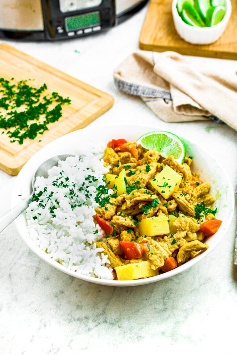 Overhead photo of a round bowl with creamy veggie curry on one side and basmati rice on the other. A slow cooker is in the background.