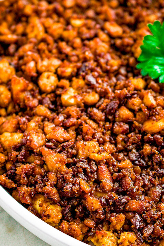 Overhead close up photo of vegan ground beef