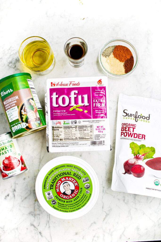 Overhead photo of all the ingredients you need to make vegan ground beef out of extra firm tofu