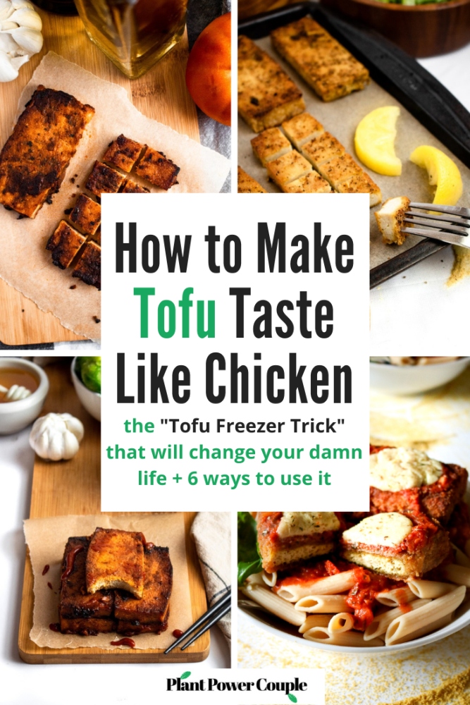 In this post, we'll share how we prepare and cook tofu to taste and FEEL just like chicken! The "Tofu Freezer Trick" is a life-changing method that is a staple in our vegan kitchen. Tofu is frozen and thawed creating a porous meaty texture that will blow your mind. Then, we soak it in a flavorful tofu marinade and slow bake it in the oven until the tofu is crispy on the outside and tender (NOT squishy) on the inside. Use this easy tofu trick to make everything from healthy tofu nuggets, crispy tofu sandwiches, stir fry tofu, and the BEST tofu chicken for salads. We've included 6 of our favorite tofu recipes that use this method to get you started!