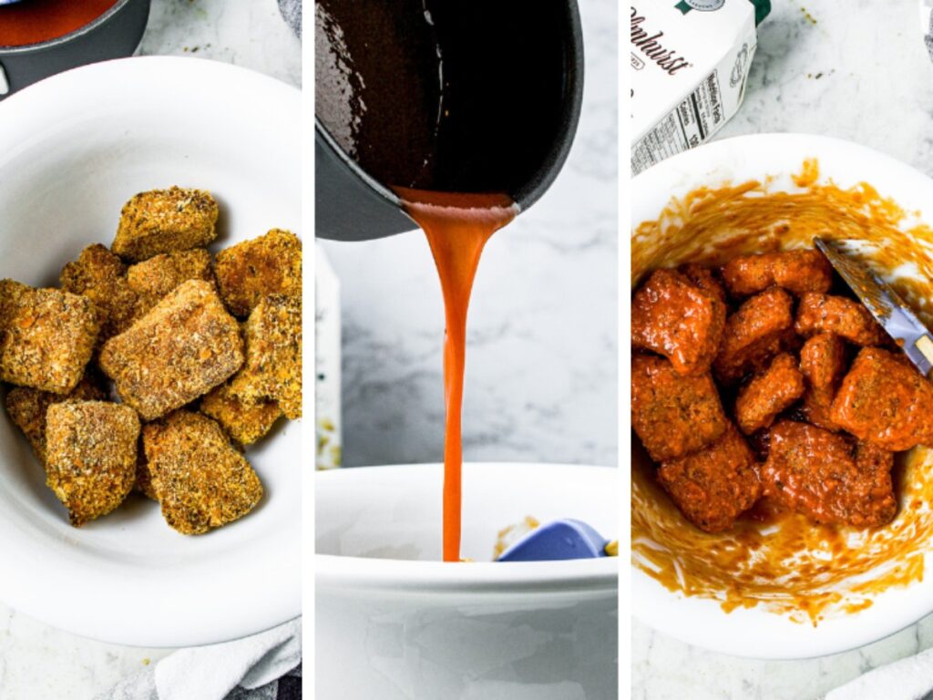 Three side by side photos showing the process of adding air fried tofu wings to a bowl, pouring vegan buffalo sauce on them, and tossing to coat.