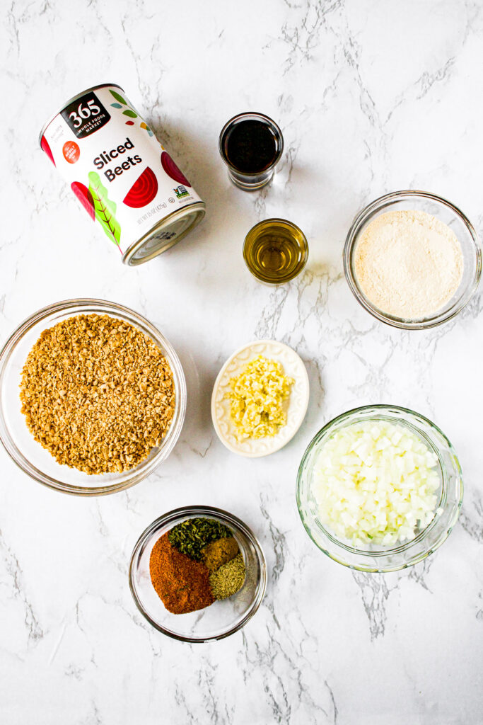 Overhead photo of all the ingredients you need to make vegan burgers with TVP