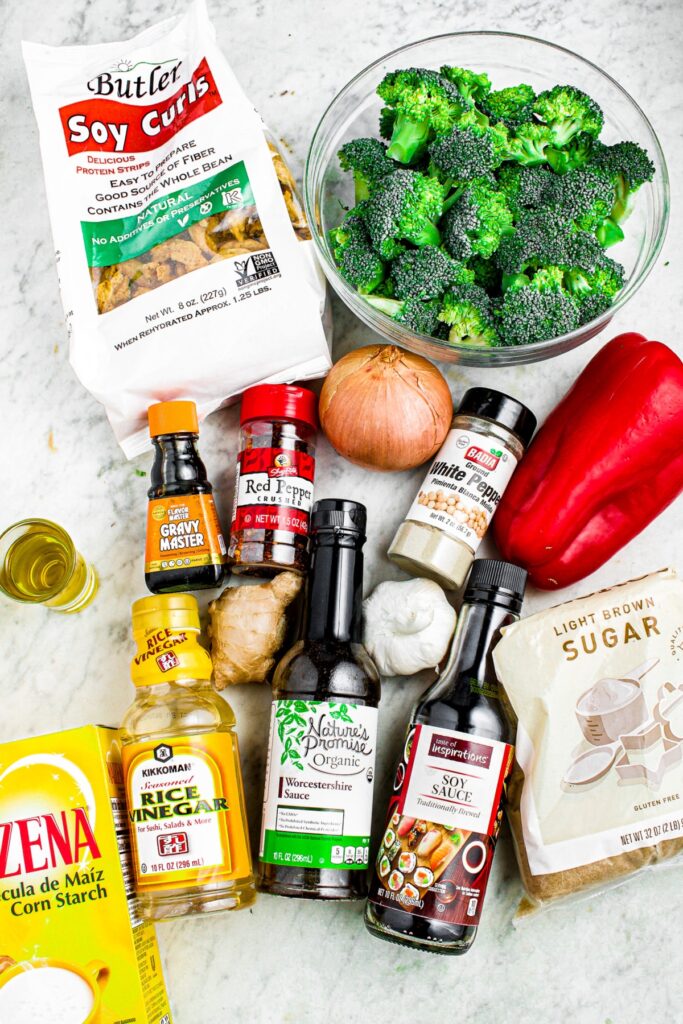 Overhead photo of all the ingredients you need to make vegan soy curl beef and broccoli