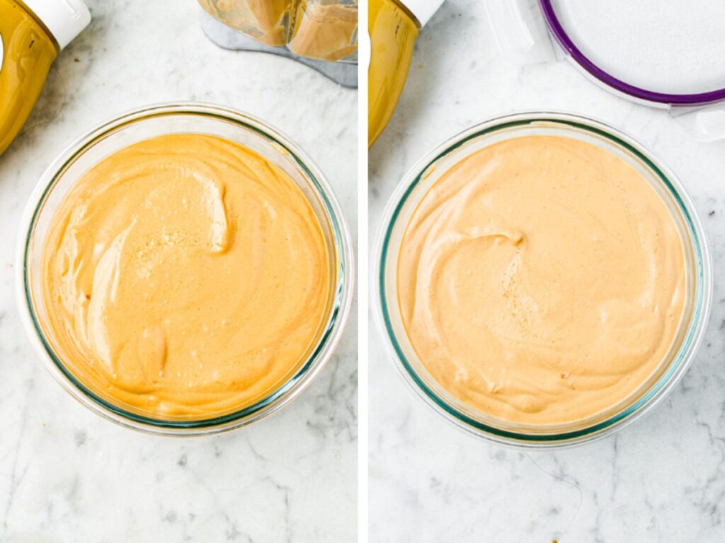 Two side by side photos of a glass bowl of vegan beer cheese before and after it thickened
