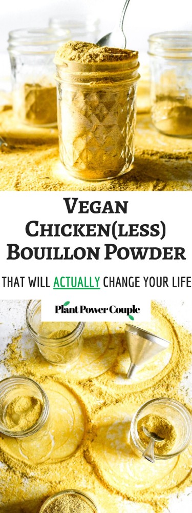 Make your own vegan chicken-style bouillon powder with 7 ingredients, 1 food processor, and less than 10 minutes. Use it to make THE most flavorful chicken-free broth for soups, stews, seitan + tofu marinades, etc. #vegan #veganchicken #veganrecipe #easyveganrecipe #nutritionalyeast #turmeric #plantbased #plantpowercouple