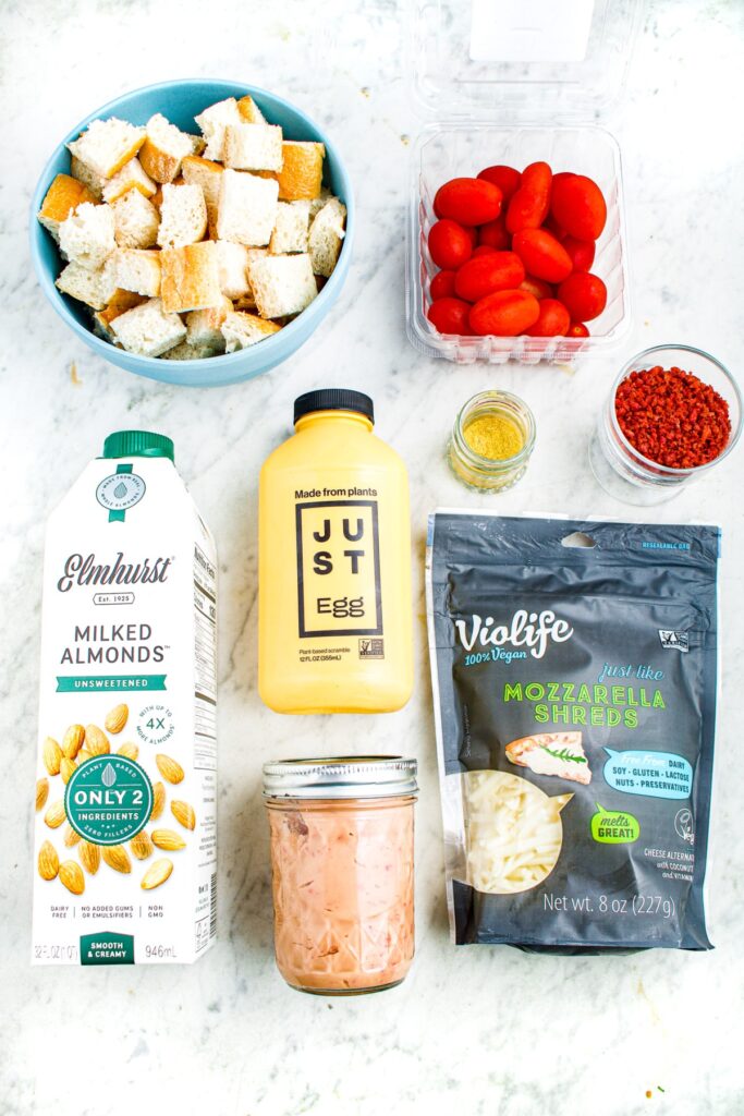 Overhead photo of all the ingredients you'll need to make a vegan breakfast strata.