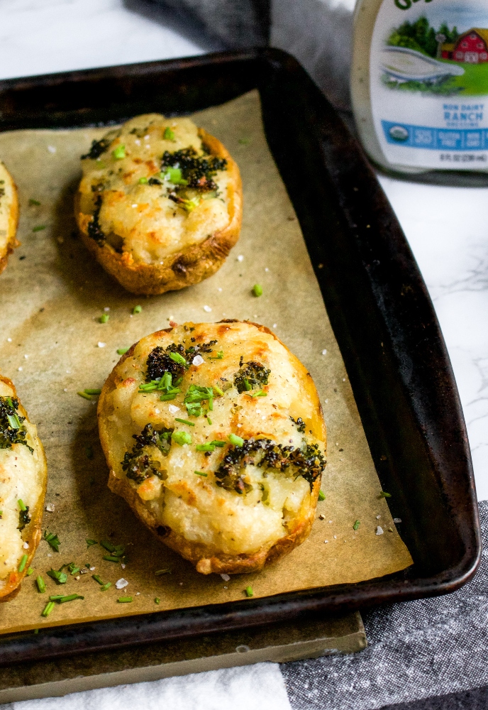 These Vegan Broccoli Ranch Twice-Baked Potatoes are the perfect dairy-free AND gluten-free side dish for almost any meal, or make a meal out of them alone! This is plant-based comfort food at its finest. Russet potatoes are baked and then filled with a creamy ranch-and-broccoli-infused whipped potato filling and re-baked to crispy perfection.
