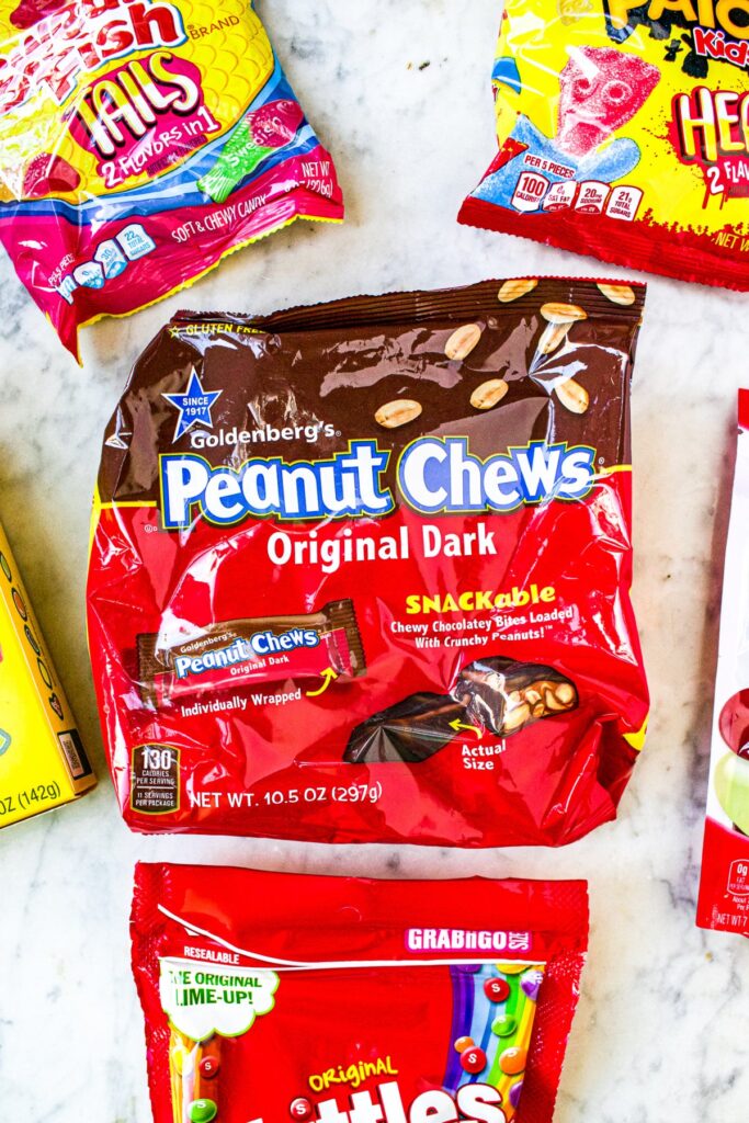 Overhead shot of a large bag of Goldenberg's Dark Chocolate Peanut Chews