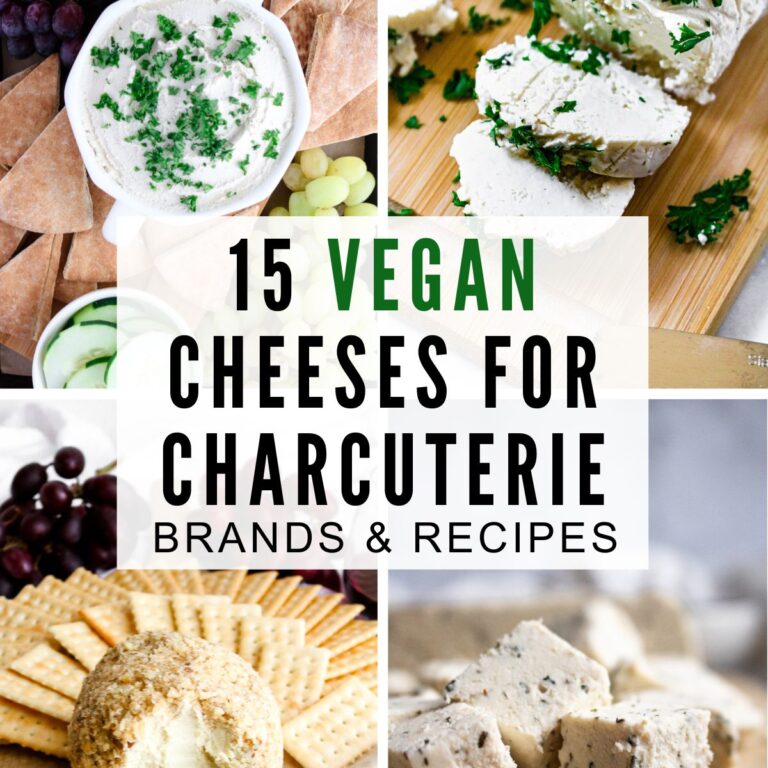 A grid with four photos of various vegan cheeses. Text in the center reads: 15 vegan cheeses for charcuterie, brands and recipes