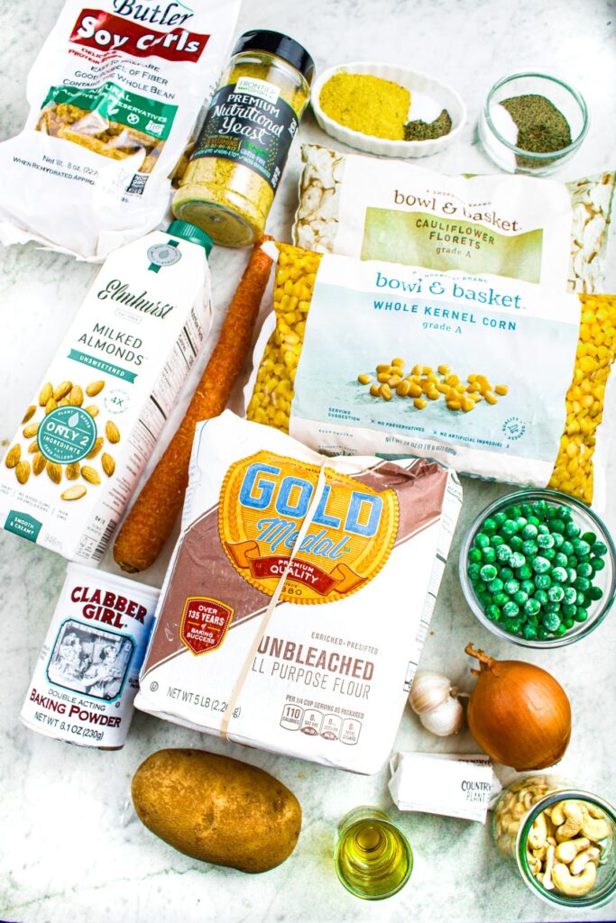 Overhead photo of all the ingredients you need to make soy curl chicken and dumplings