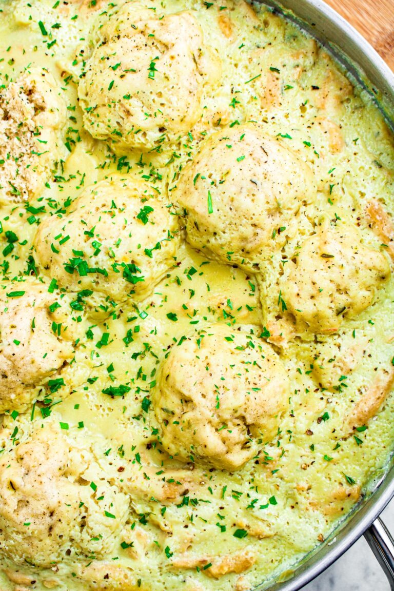 Close up overhead photo of creamy soy curl chicken stew with dumplings