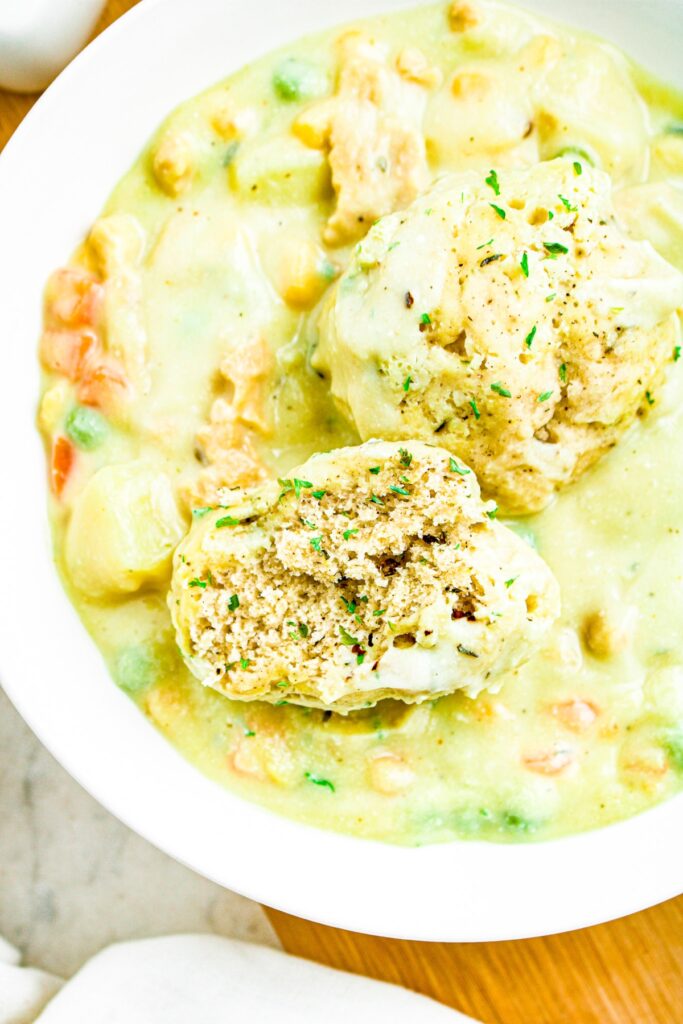 Close up overhead photo of a bowl of vegan chicken stew with two drop dumplings on top