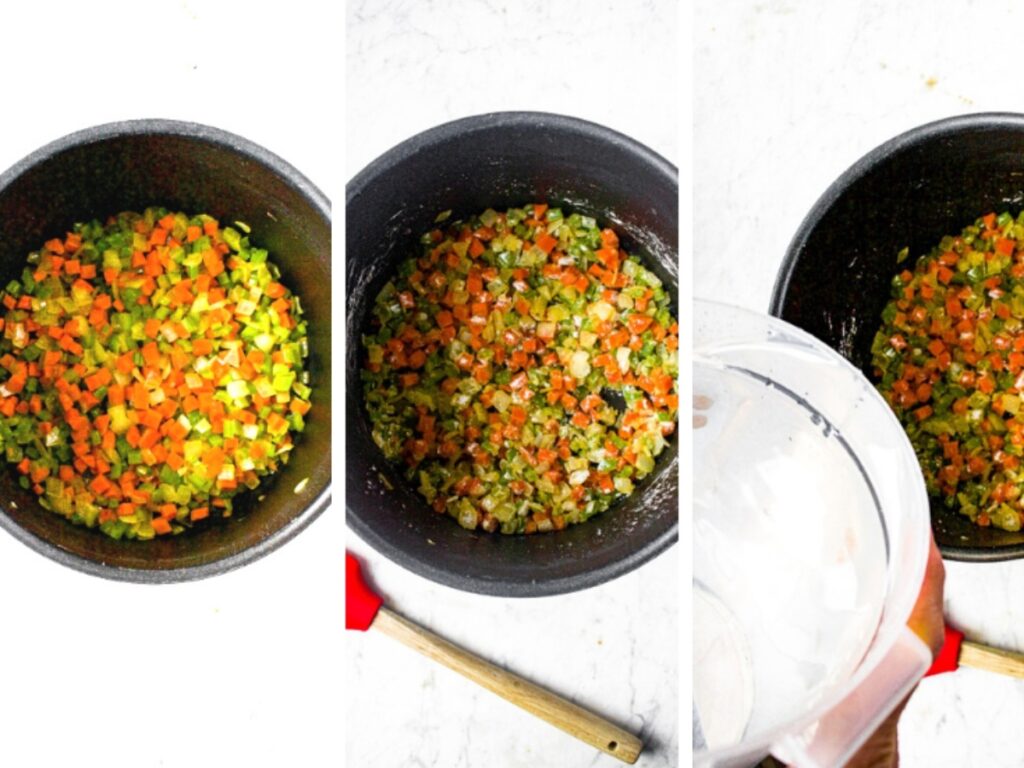 Three photos side by side showing the first three steps of making plant based chicken noodle soup: saute the carrots, onions, and celery in olive oil, mix in the flour, and then stir in the water