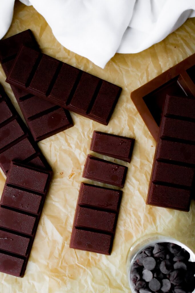 Overhead shot of homemade chocolate bars on parchment paper