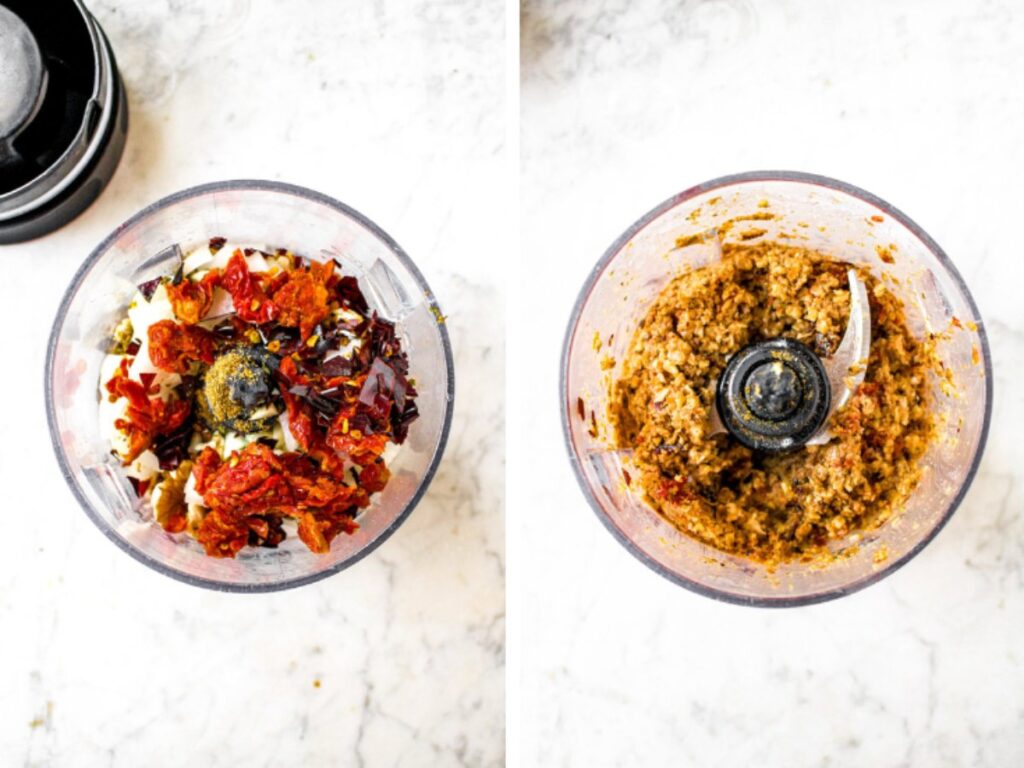 Two side by side photos of a small Ninja food processor before and after pulsing the ingredients to make vegan walnut chorizo