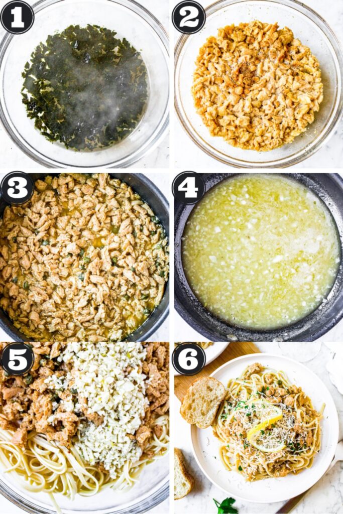 A grid with 6 photos showing the process of making vegan clam sauce over linguine pasta