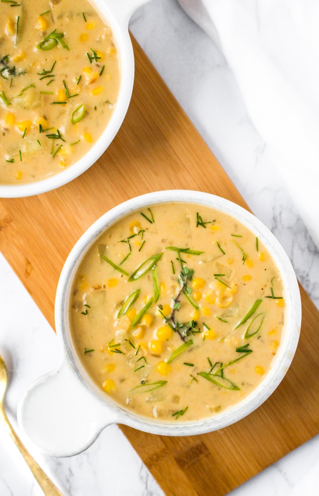 This creamy corn chowder is oil-free, gluten-free, and (of course) vegan! It’s an easy, cozy, flavorful, and HEALTHY plant-based dinner option, and leftovers can be frozen for later - making it ideal for busy weeknights or weekly meal prep! The recipe is from the new cookbook from Caitlin Shoemaker (creator of From My Bowl!): Simply Delicious Vegan.