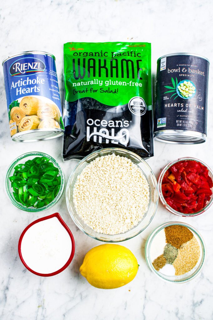 Overhead photo of all the ingredients you need to make vegan crab cakes