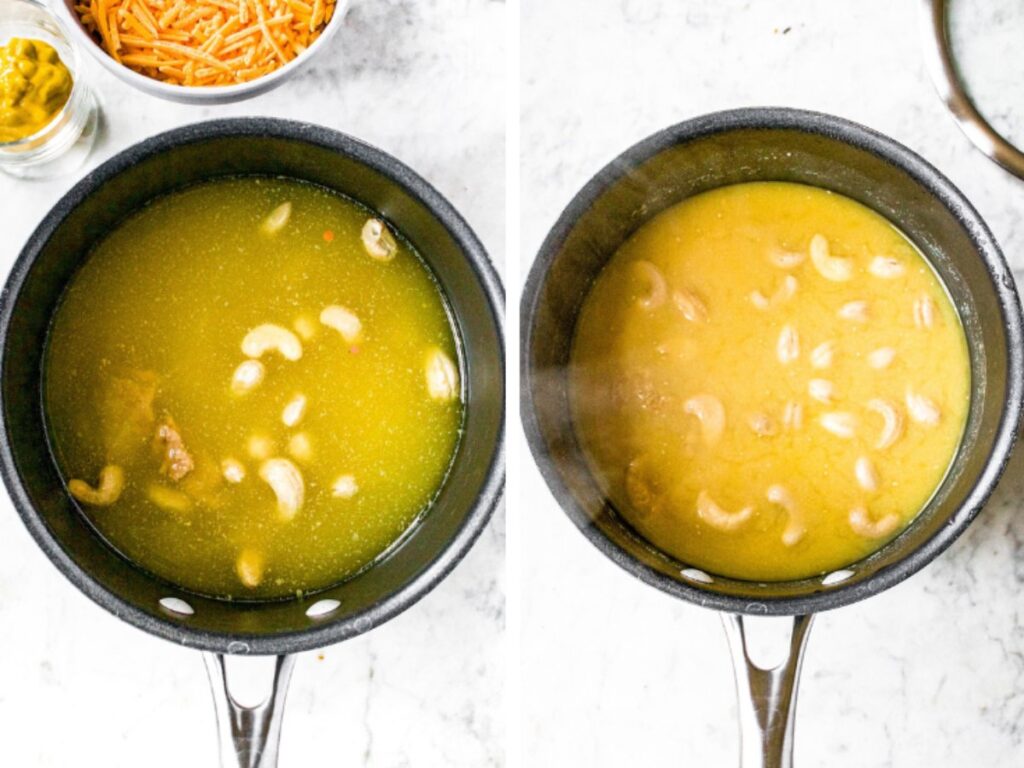 Two side by side overhead photos of a medium sauce pan - one before the red lentils are cooked and one after.