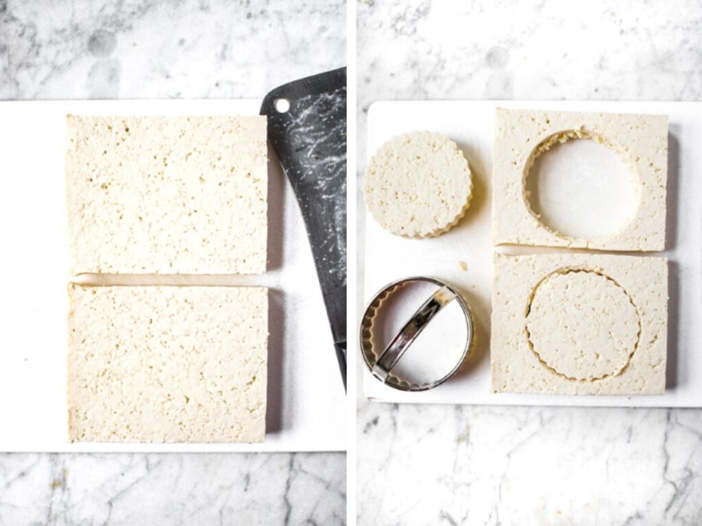 A grid of two overhead photos showing the process of using a biscuit cutter to cut circles out of a slice of tofu