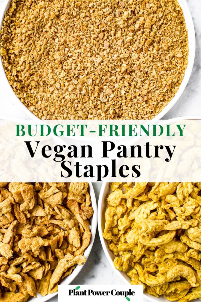 Overhead shot of 3 plates with different dehydrated soy meats on them : textured vegetable protein crumbles and strips and soy curls. Text reads: budget-friendly vegan pantry staples