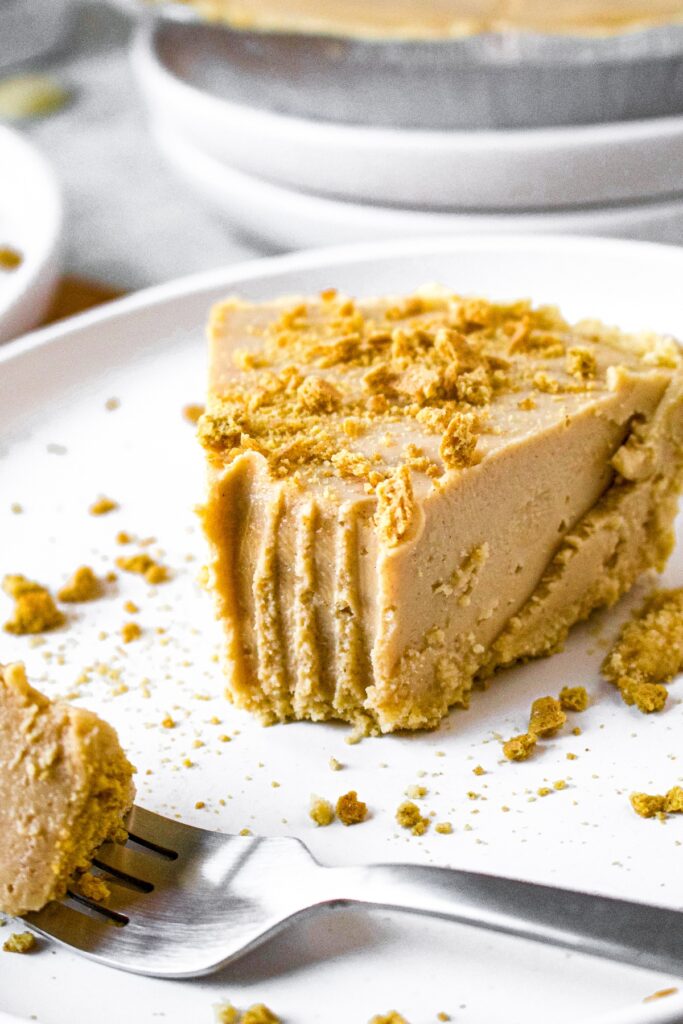 Head on close up shot of a slice of vegan peanut butter pie with a thick fork mark in it.