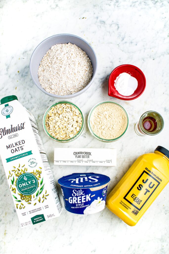 Overhead photo of all the ingredients you need to make vegan protein waffles