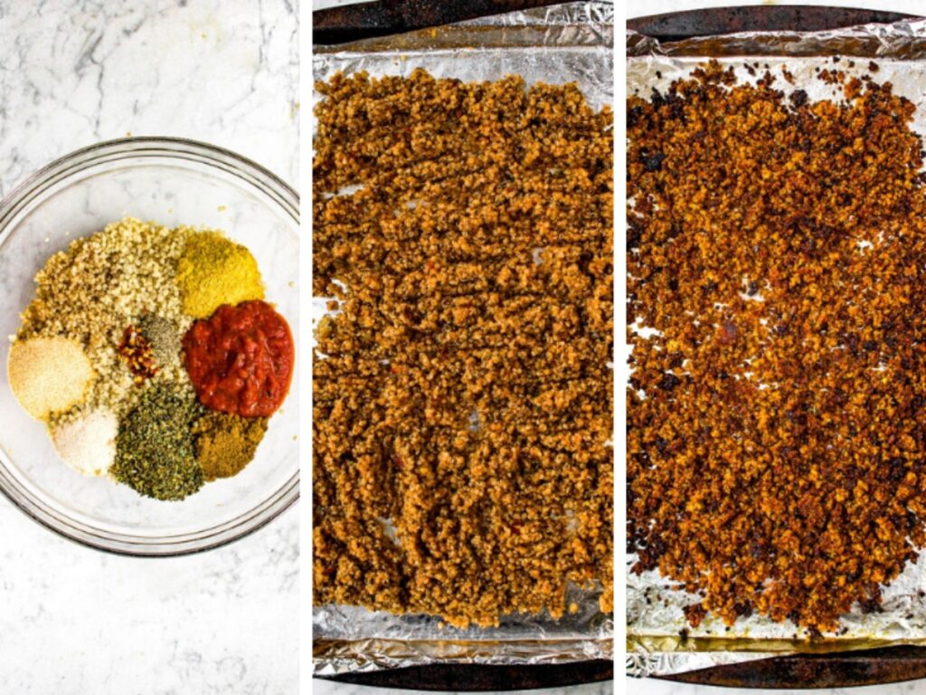 Three photos side by side showing the steps of making spicy Italian quinoa meat: Mix quinoa with spices in bowl, spread quinoa on baking sheet, and bake until brown and slightly crisp