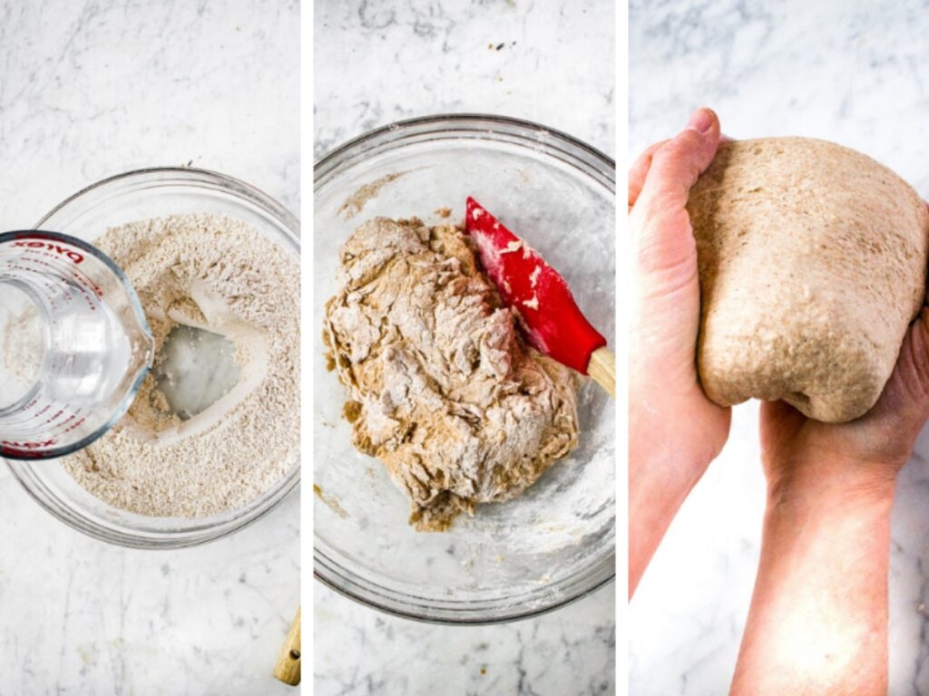 Three side by side photos showing the process of making vegan ravioli dough homemade: Whisk the flour and spices and pour in the water, mix until a shaggy dough forms, knead until smooth and not sticky